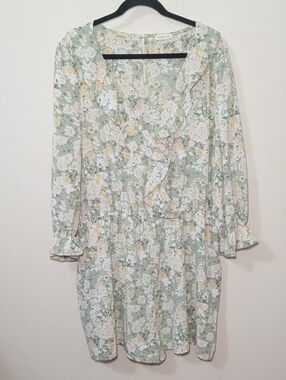 Chicsoul Floral Romper Sage Green Cream Yellow Ruffle Neckline Women's Size 3XL